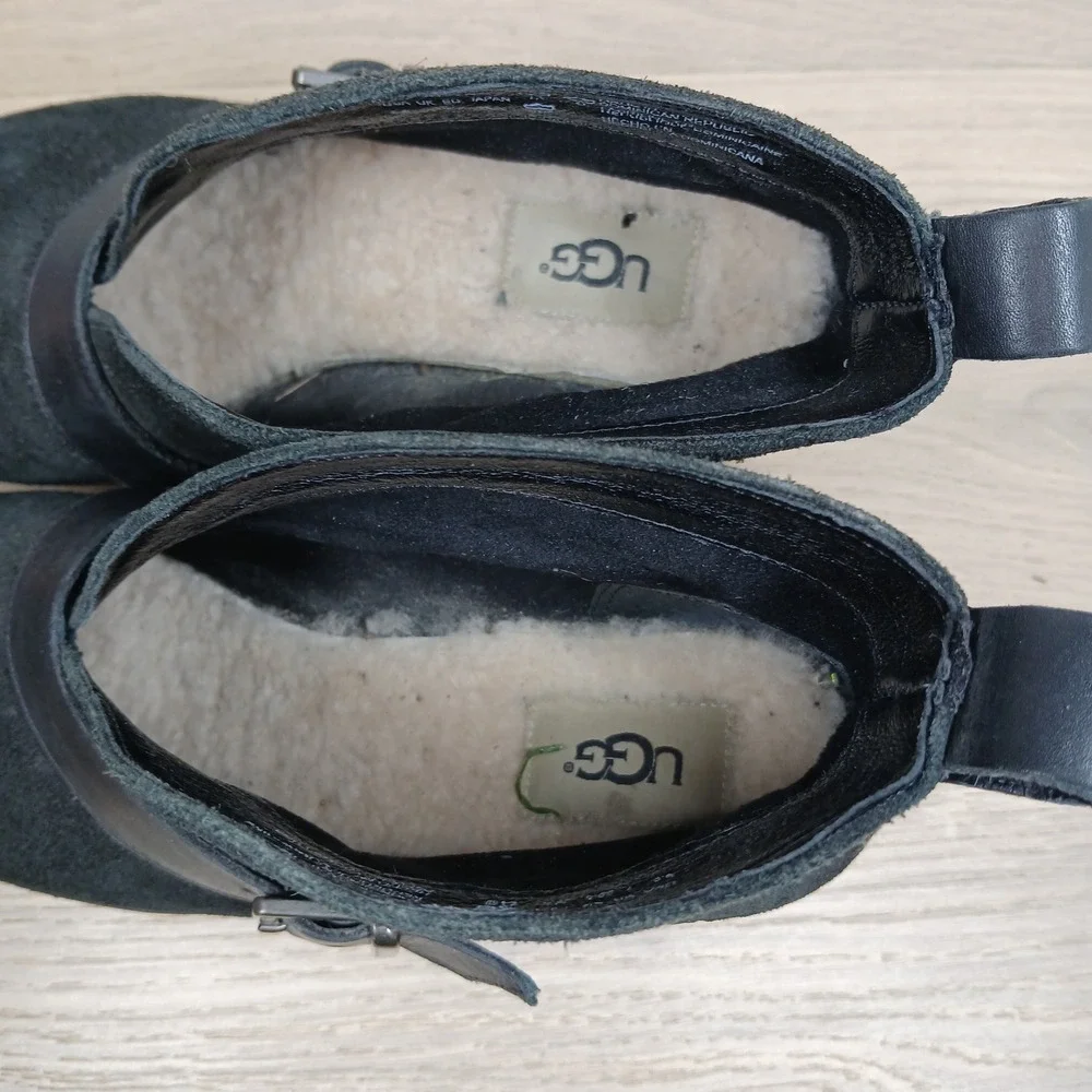 UGG Ankle Boots Womens 8.5 Black Suede Buckle Western Boho Moto Block Heel